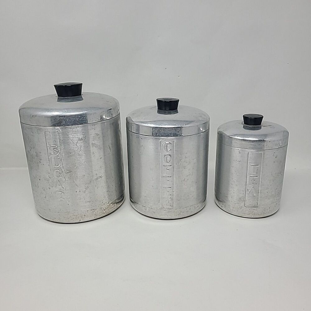 3 Piece Nesting Canister Set Brushed Spun Aluminum Vintage MCM